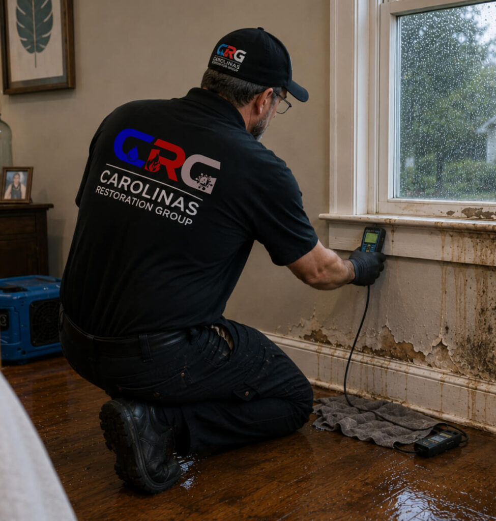Water damage restoration technician extracting water from hardwood floors in Charlotte NC